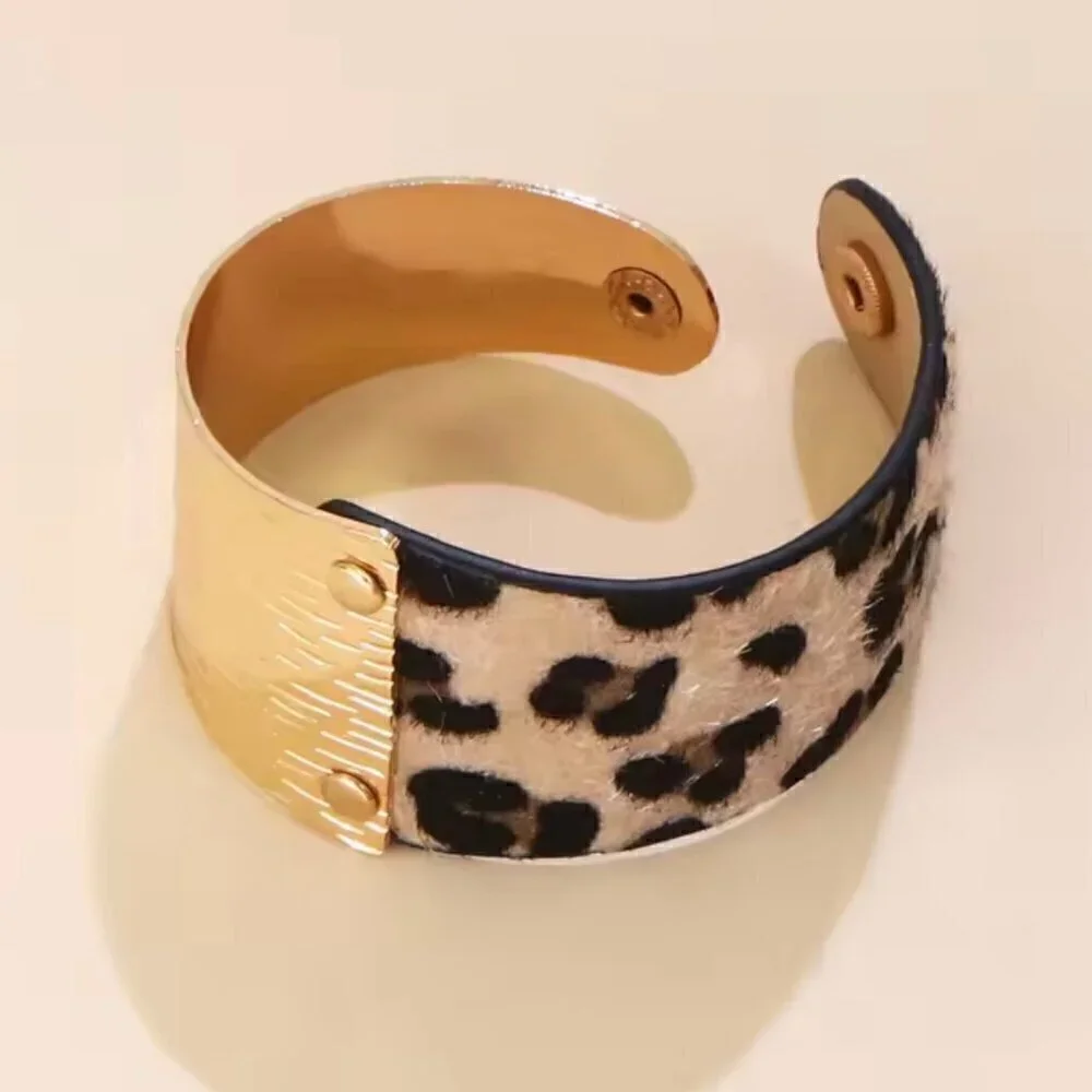 New Statement Leopard Print Bracelet Gold Textured Metal Wide Animal Print
